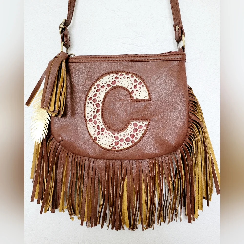 Justice Boho Fringe Faux Leather Crossbody Bag Letter 